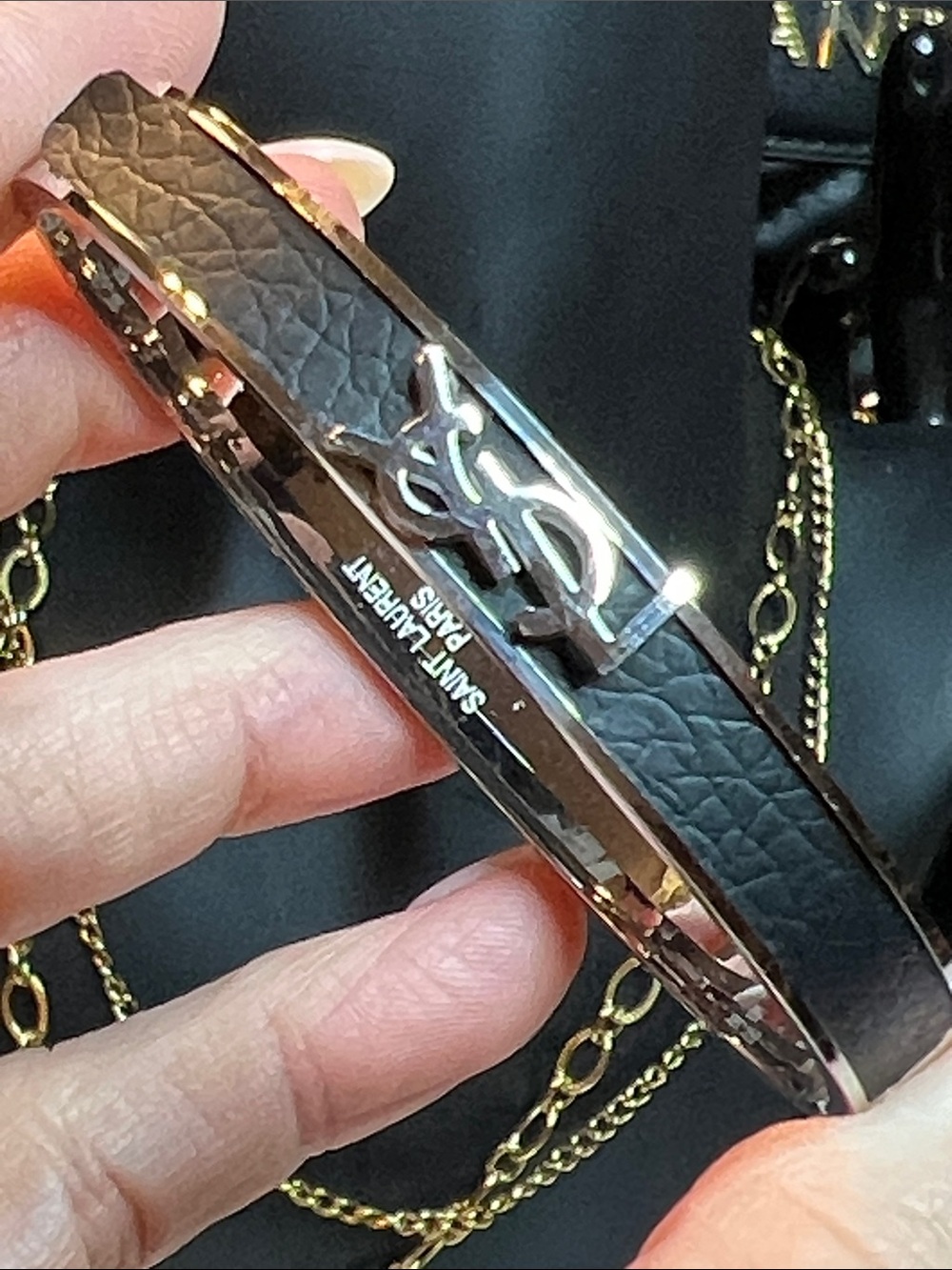 Saint Laurent Black Leather and Silver Logo Bracelet